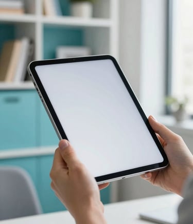 A close-up photograph of a person's hands holding a modern tablet in a bright, airy office. The tablet screen glows softly, illuminating the scene. The background features a blurred bookshelf and Ocean Teal and Sky Steel Blue accents in the decor. Modern and professional lighting.
