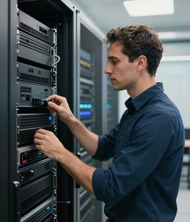 A medium shot of a professional American IT specialist in a navy shirt, carefully managing a high-tech server rack in a modern data center. The environment is clean with steel blue lighting and off-white hardware accents, conveying expert reliability.