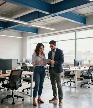 A wide-angle shot of two American tech professionals, a man and a woman, collaborating over a tablet in a bright, modern office in Georgia. The room features steel blue design elements and plenty of natural light, reflecting a forward-thinking atmosphere.
