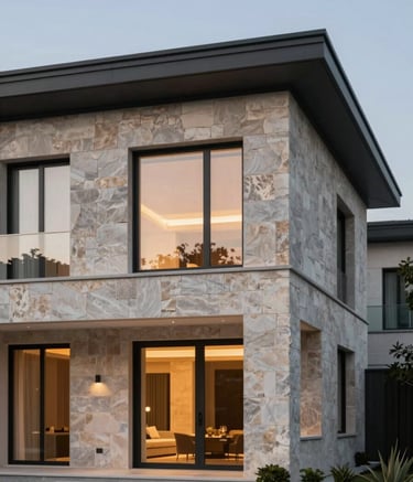 A high-end architectural close-up of a finished luxury villa in Datça. Focus on the high-quality stone masonry and modern glass windows. The evening lighting creates a warm, trustworthy glow. The image features architectural elements in #2D323A and #5B6A7A textures.