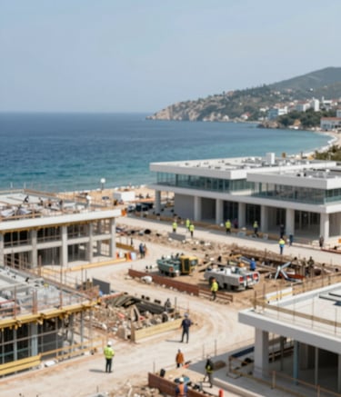 A professional wide-angle shot of a modern construction site overlooking the Datça coastline. Construction workers in safety gear are visible against a backdrop of blue sea and white architectural structures. The lighting is bright and clean, incorporating the brand's professional mood with subtle tones of #A8B6C7 and #5B6A7A in the building materials.
