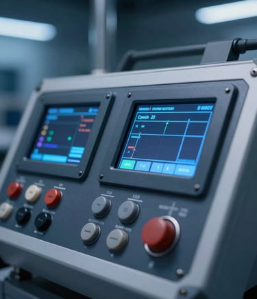 A close-up of a high-tech foam monitor control interface with digital displays and industrial buttons, set against a clean industrial background with deep navy and steel blue lighting, conveying precision engineering.