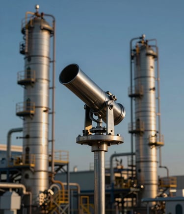 A powerful stainless steel foam cannon mounted on a industrial tower, overlooking a modern refinery. The scene is shot during the golden hour with deep navy shadows and cool steel blue highlights.