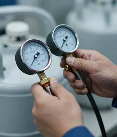 A high-quality close-up of a technician's hands using professional gauges to check AC gas levels. The image should look modern and expert, with cool blue lighting and highlights in #B3C5CB, emphasizing technical precision.