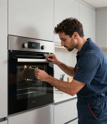 A high-end kitchen in a Middle Eastern / Gulf apartment where a professional technician in a slate blue uniform is efficiently repairing a modern built-in oven. The lighting is crisp and natural, highlighting the clean and modern environment. The color scheme features light gray and navy blue accents.