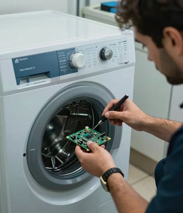 A professional repair technician's hands using precision tools to diagnose a circuit board inside a high-tech washing machine. The scene is set in a well-lit Sharjah utility room with a Middle Eastern / Gulf aesthetic. Palette involves slate blue and light blue-gray.