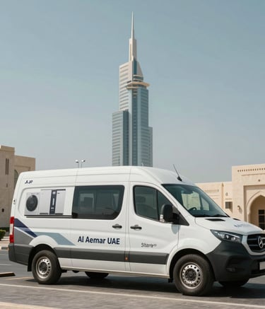 A wide shot of a professional service van branded with appliance repair motifs parked near Al Ameer Tower in Sharjah, UAE. The atmosphere is professional and the architecture reflects the Middle Eastern / Gulf region. Bright daylight with light blue-gray tones.
