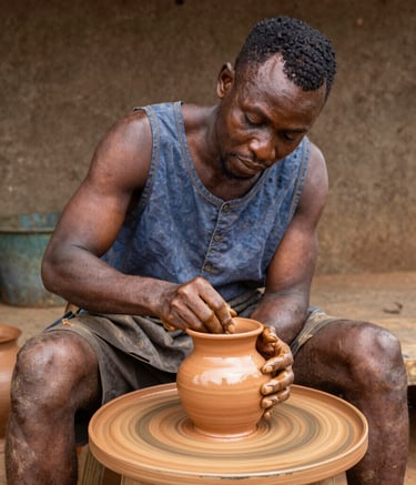 An intimate gallery space featuring sculptures inspired by African heritage.