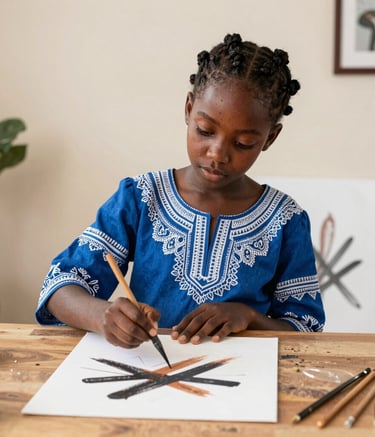 An artist at work in a sunlit studio surrounded by vibrant canvases and sculptures.