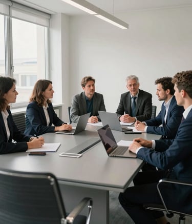 A group of professional consultants in a Central European / Slovak boardroom, steel gray furniture, off-white walls, engaging in a strategic planning session, natural light from large windows.