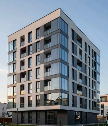 Exterior shot of a modern, clean-lined residential building in a Central European / Slovak urban setting, blue-gray glass reflections, late afternoon sun, professional architectural photography.