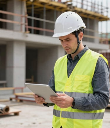 A professional construction site manager in Central European / Slovak attire, wearing a safety helmet and vest, reviewing architectural plans on a tablet at a building site, daylight, steel gray tones, high reliability.