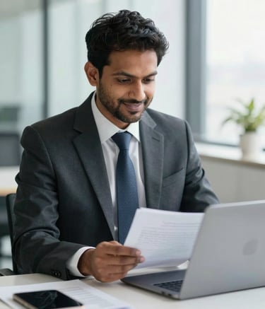 A professional South Asian / Indian consultant in a formal suit sits at a modern desk with a laptop, looking at documents with a friendly and supportive expression in a bright office.