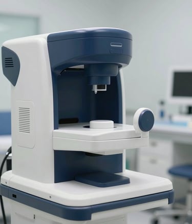 Close-up of a sleek, modern medical diagnostic machine in a high-tech healthcare facility. The lighting is crisp and professional, with a color palette reflecting deep blues (#1C2B39) and clean off-whites (#F5F7F8). The composition is sophisticated and implies advanced technology.