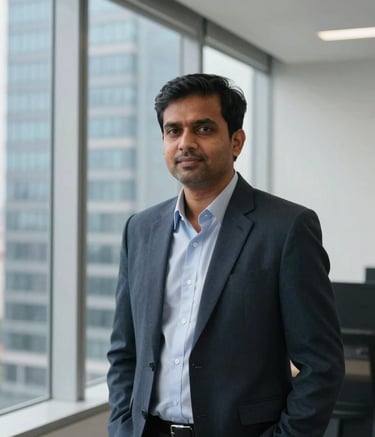 A focused South Asian / Indian executive in a high-rise office in Bangalore, natural light from windows, slate blue and white office interior, high-quality professional portrait.