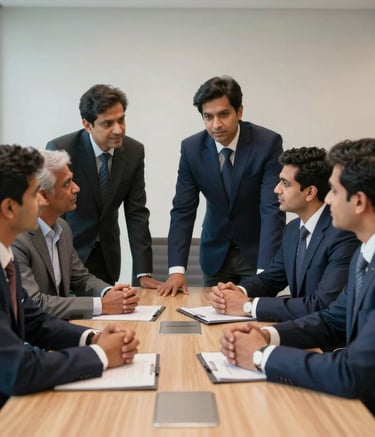 A group of South Asian / Indian business professionals in formal navy blue and grey attire having a collaborative discussion in a modern boardroom, soft indoor lighting, professional photography.