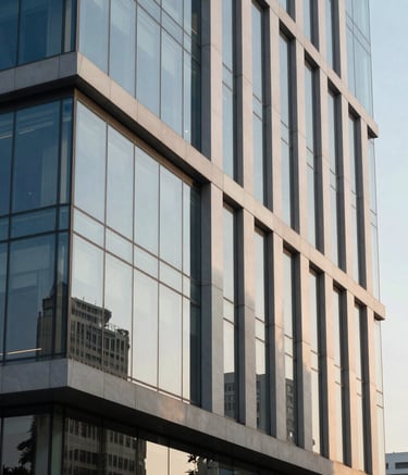 Architectural photography of a modern glass office building in New Delhi, late afternoon sunlight casting long shadows, clean slate blue and off-white tones, professional atmosphere.