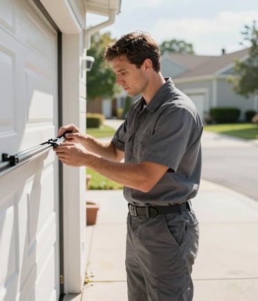 A professional technician wearing a slate gray uniform inspecting a garage door track in a bright, sunlit North American suburban driveway. The scene is clean, organized, and conveys a high-quality service experience.