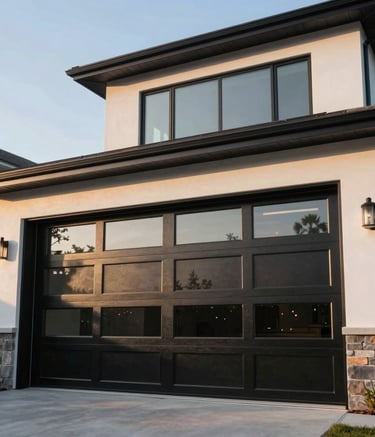 A low-angle exterior shot of a sleek, modern North American home featuring a black glass-paneled garage door. The house has clean architectural lines and is captured during the golden hour to highlight the smooth textures and high-quality finish.