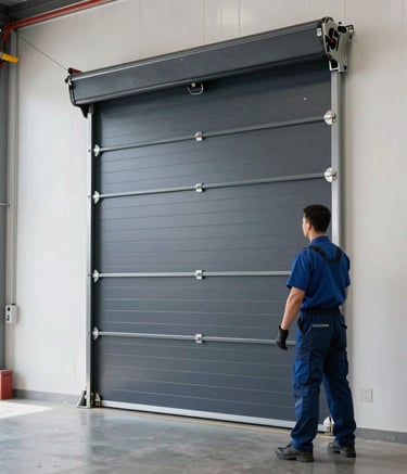 A bright, clean commercial warehouse interior in the North American US, showing a heavy-duty industrial roll-up door in dark navy and slate gray being serviced by a professional. The lighting is bright and industrial, emphasizing reliability and professional quality.