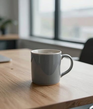 A close-up photograph of a ceramic mug on a sleek, minimalist wooden table. Soft natural light flows through a large window of a modern North American office. The atmosphere is introspective and quiet, featuring a palette of slate gray and off-white.