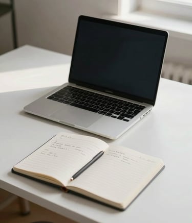A minimalist home workspace in the United States. A clean white desk holds a high-end metal laptop and a single open notebook with thoughtful handwritten notes. Soft, diffused morning light creates a sophisticated and calm mood.