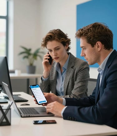 A high-quality photography shot of a professional at a desk in a bright Northern European / British office environment. They are reviewing mobile data plans on a laptop. The room is decorated with subtle vibrant blue accents and soft off-white walls.