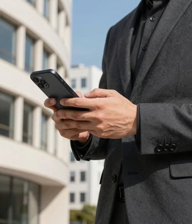 A professional photography shot of a person using a smartphone in a modern Northern European / British urban district. The lighting is bright and natural. The person is dressed in smart-casual dark charcoal attire, and the scene features soft off-white architectural elements and a vibrant blue sky in the background.
