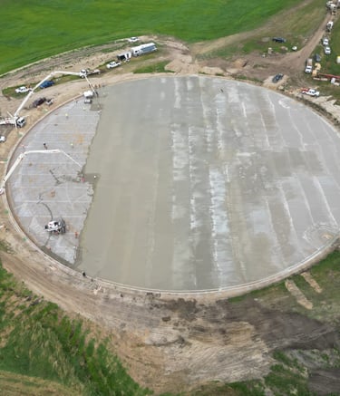 Large commercial concrete foundation pour viewed from above in southern Manitoba