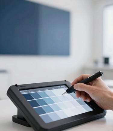 A close-up shot of a professional digital color-matching tool being used against a modern indoor wall. The lighting is bright and surgical, emphasizing precision. The color palette includes professional slate blues (#1C3642) and crisp whites (#F8FBFD).