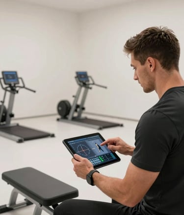 Interior of a high-performance training center with minimalist Soft Off-White walls and professional equipment in Cool Steel Grey. A coach is reviewing performance data on a digital tablet in a clean, modern setting.