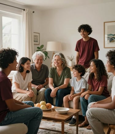 A warm backstage photography session of a diverse family, young and old, smiling together in a brightly lit Scandinavian-designed living room. Soft natural morning light, realistic, warm colors including hints of deep carmine red and soft green. Global / Brazilian and International environment.