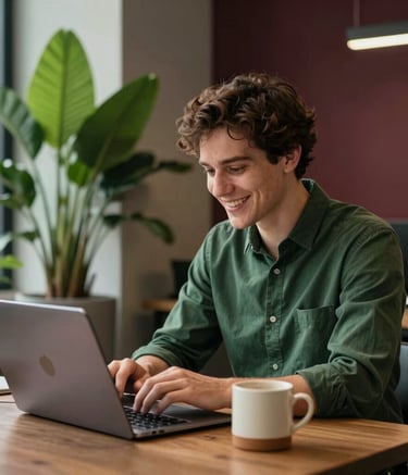 A professional yet relaxed modern office scene, a young entrepreneur happily managing social media on a laptop next to healthy green plants and a warm ceramic mug. Soft lighting, sophisticated forest green and deep carmine accents. Global / Brazilian and International setting.