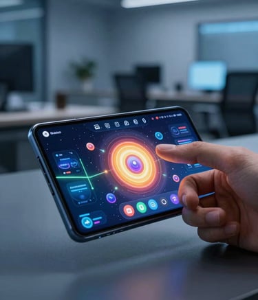 A sharp, high-detail photograph focusing on a hand interacting with a vibrant, intuitive game interface on a high-end Android device. The background is a sophisticated office in Steel Blue tones, creating a professional tech atmosphere. Global / Tech-savvy.