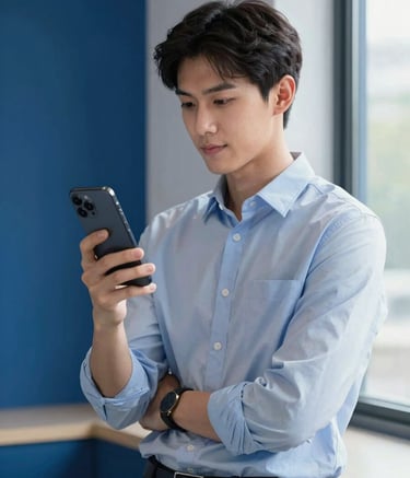 A clean, modern photography of a young professional in a Global / Tech-savvy setting using a sleek smartphone with confidence. The environment features Prussian Blue accents and soft natural lighting from a window.