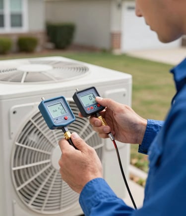 A close-up photograph of a professional technician's hands using a digital gauge to check a high-efficiency AC unit outdoors. The lighting is bright, clear daylight in a North American / US suburban setting. The technician wears a medium blue uniform, emphasizing a clean and expert service approach.