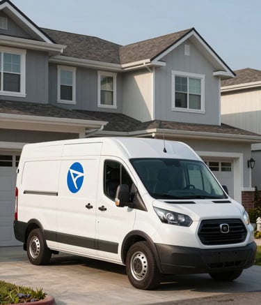 A professional wide-angle shot of a modern white service van with a clean blue logo parked in front of a modern North American / US residential home. The scene is bright and efficient, with soft morning sunlight and a clear sky, suggesting reliable and prompt service arrival.