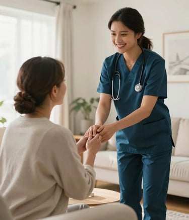 A professional North American home care scene where a caregiver in dark teal attire is warmly greeting a client in their sunlit living room. The composition is clean and focused on the compassionate human connection, utilizing a soft off-white color palette.