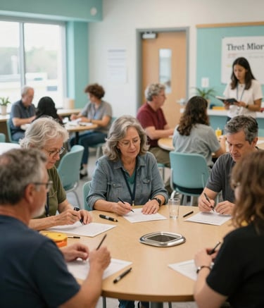 A group of adults in a North American community day program engaged in a skill-building activity. The atmosphere is supportive and vibrant, with light teal accents in the modern, accessible facility. Natural light creates an uplifting mood of independence.