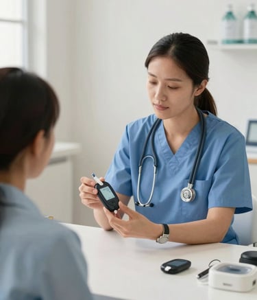 A professional North American clinical setting where a healthcare educator in a muted blue uniform is demonstrating diabetes self-management tools to a patient. The room is bright and clean with off-white walls, conveying a trustworthy and compassionate medical environment.