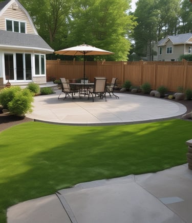 A charming backyard patio with warm-toned concrete and comfortable seating.