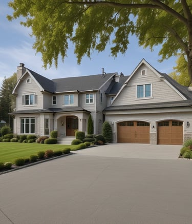 Freshly poured concrete driveway glistening under morning light in a cozy suburban home.