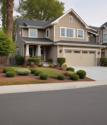 Wide sidewalk bordered by green grass and flower beds in a quiet neighborhood.
