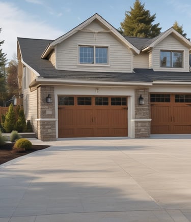 A freshly poured concrete driveway bordered by green lawn on a sunny day.