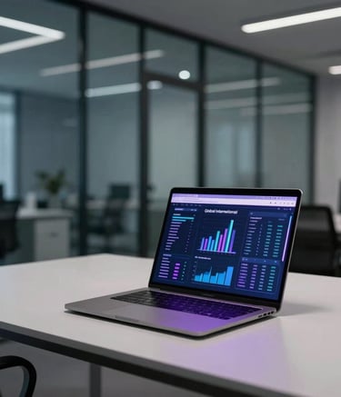 A high-end, minimal agency workspace in a sleek glass-walled office at night, featuring a single laptop displaying marketing analytics with a soft purple and blue ambient glow, Global / International.