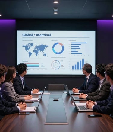 A group of marketing experts in professional attire discussing data on a large screen in a dark, high-tech boardroom with purple accent lighting, Global / International.