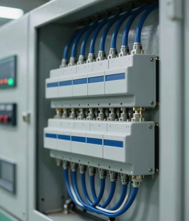 A close-up, sharp-focus photograph of a complex industrial electrical control panel with neatly organized wires in deep blue and grey-blue, indicating technical precision. Soft lighting highlights the metallic textures in a modern manufacturing facility, Global / Industrial style.