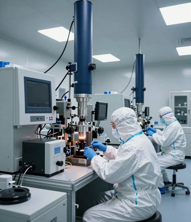 Wide-angle photograph of a state-of-the-art semiconductor cleanroom. The environment is clinical and professional, featuring high-tech equipment under cool light grey and navy blue lighting. Professional technicians in protective gear work in a Global / Industrial setting.