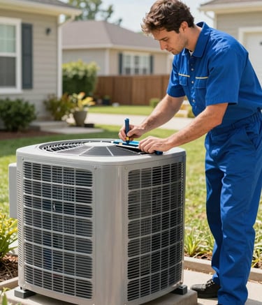 A focused technician performing a maintenance check on a modern residential air conditioning unit in a North American / US suburban backyard. The scene is bright and professional, highlighting tools in steel blue and the clean metal of the unit. The environment is a well-kept garden during a clear day, conveying reliability and expertise.