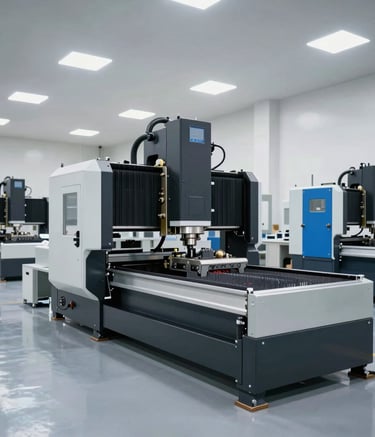 A wide, low-saturation shot of a state-of-the-art CNC machining hall. The floor is polished and clean, reflecting overhead lights. Sophisticated machinery in dark gray and steel blue occupies the space. Minimalist and high-end industrial setting.